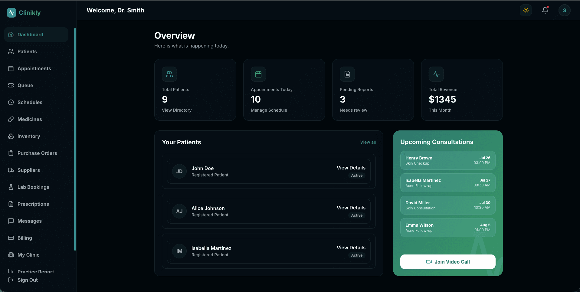 Clinikly doctor dashboard showing patient list, appointment stats, and upcoming consultations